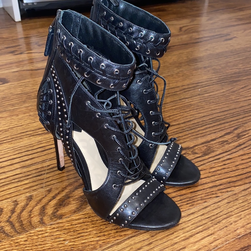NWOT B Brian Atwood Black Leather Lusia Studded Lace Up Heels - Picture 4 of 12